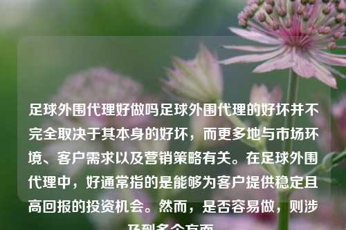 足球外围代理好做吗足球外围代理的好坏并不完全取决于其本身的好坏，而更多地与市场环境、客户需求以及营销策略有关。在足球外围代理中，好通常指的是能够为客户提供稳定且高回报的投资机会。然而，是否容易做，则涉及到多个方面。